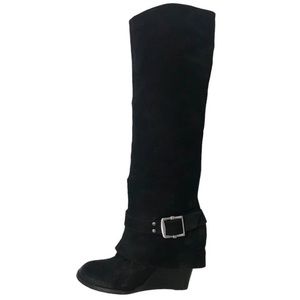 Vince Camuto Womens Size 7.5 Alician Black Suede Wedge Knee High Boot Leather